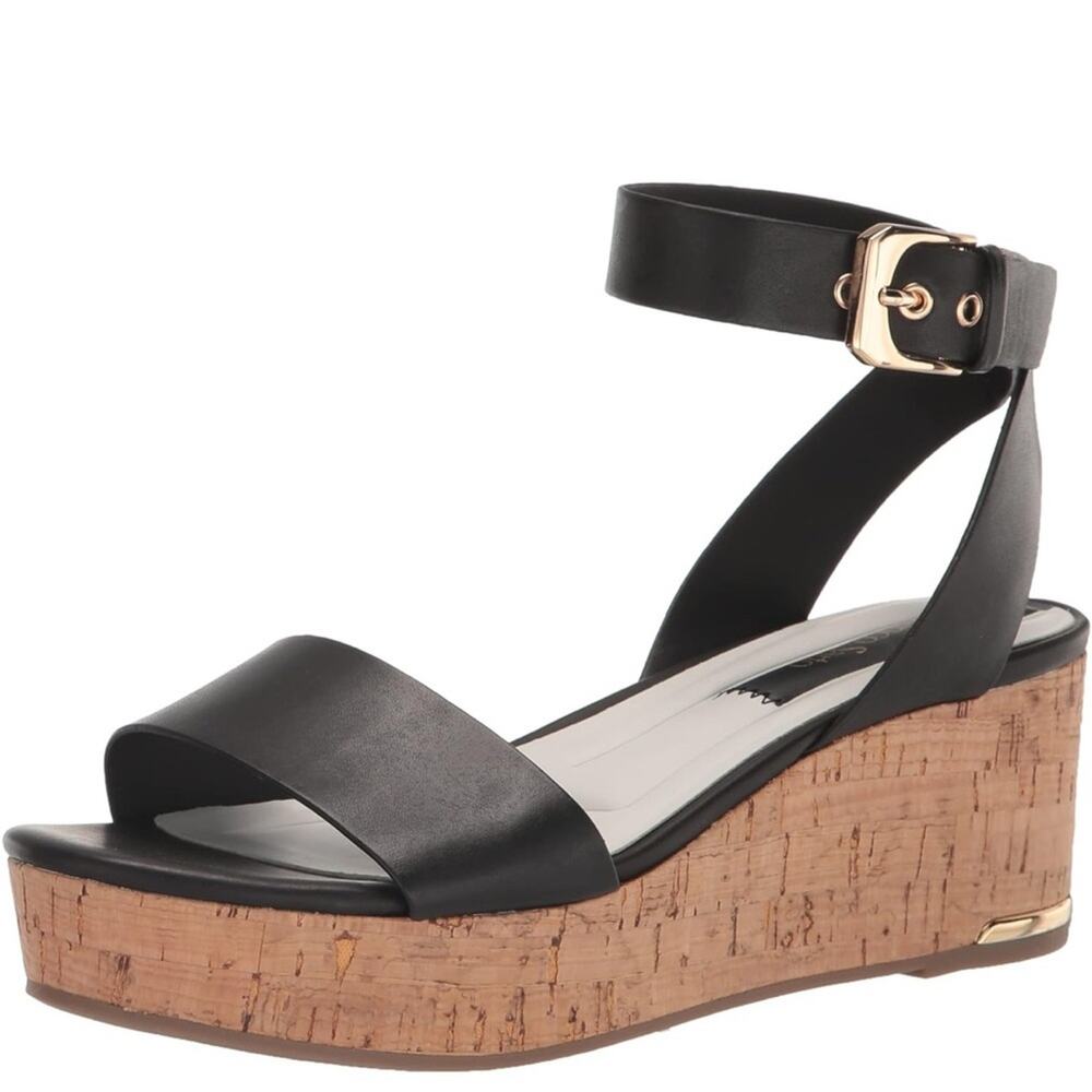 NEW Franco Sarto Presley Black Leather Cork Platform Wedge Sandals​ sz 8.5 M